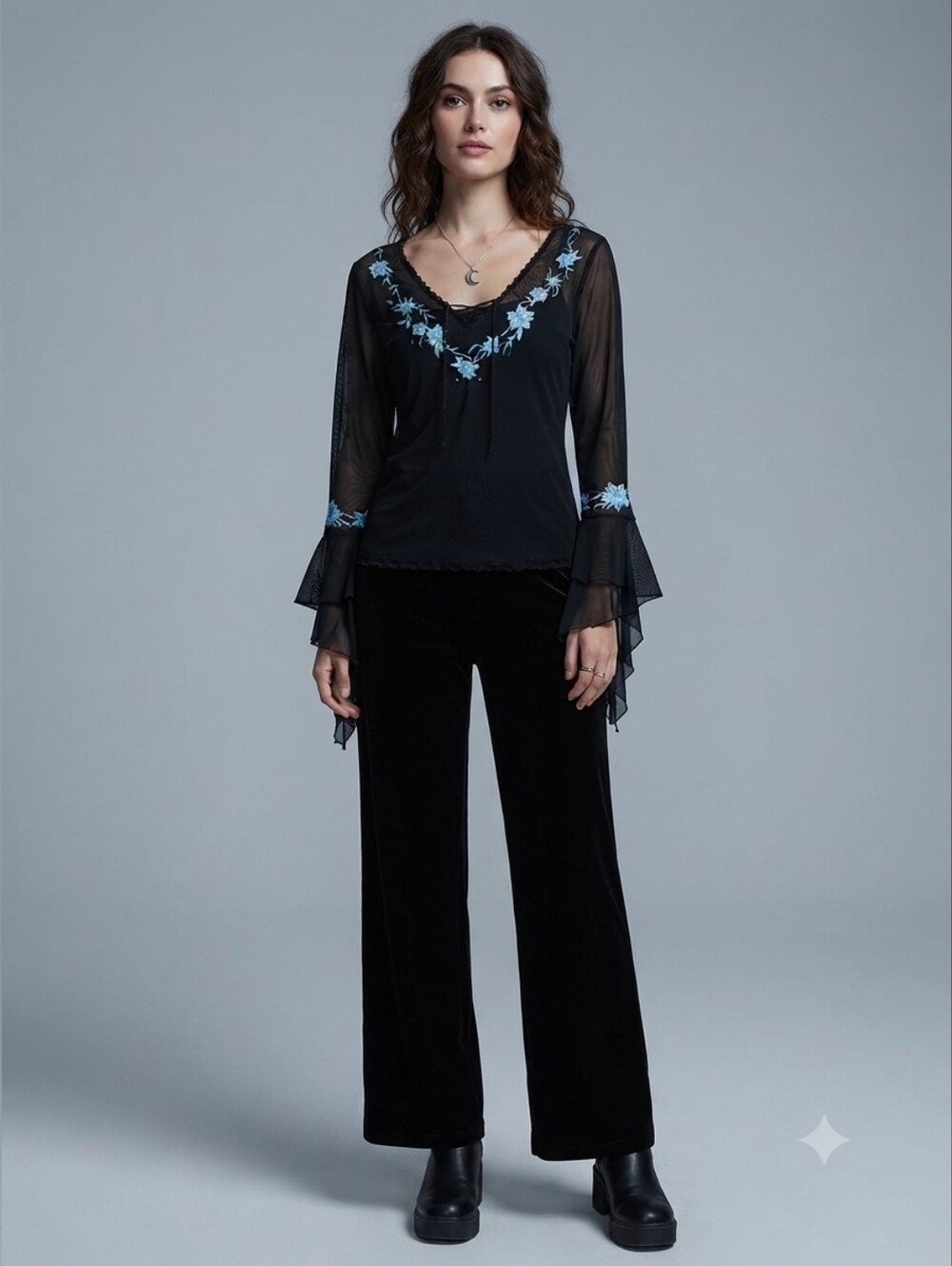 Vintage ​SIMON CHANG Black Mesh Floral Embroidered Bell Sleeve Top L Whimsigoth